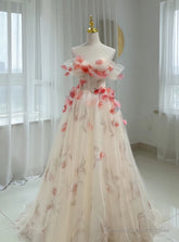 Champagne Tulle Off the Shoulder Flower Princess Prom Dres